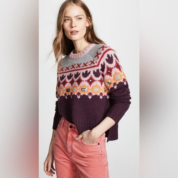 CINQ‎ a SEPT Gianni Fair Isle Sweater Burgundy Wool Sequins Geometric small NEW - Picture 3 of 10